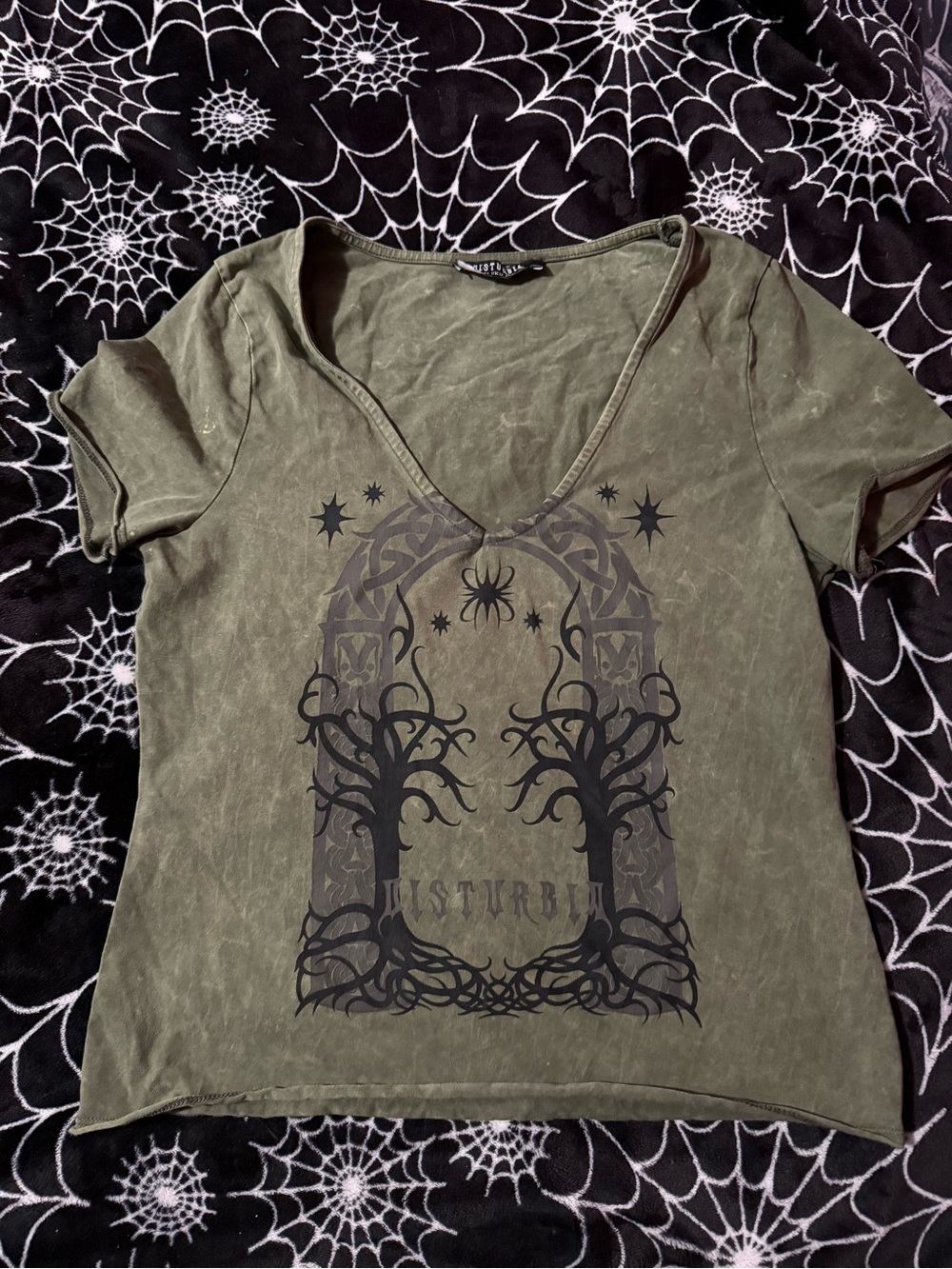 Disturbia Olive Green Gothic V-Neck Tee